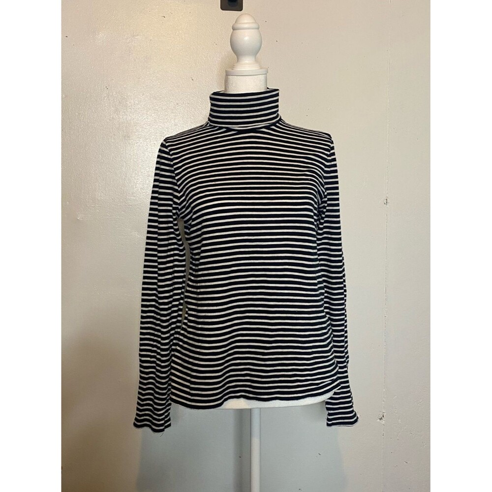 J.Crew Factory Black White Stripe High Neck Sz M Cotton Top Layering Lightweight